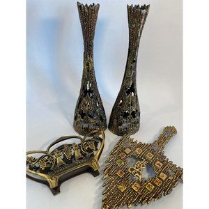 Unique Made in Jerusalem Brass Candle Sticks, Letter Holder, Dreidel Spoon Rest/